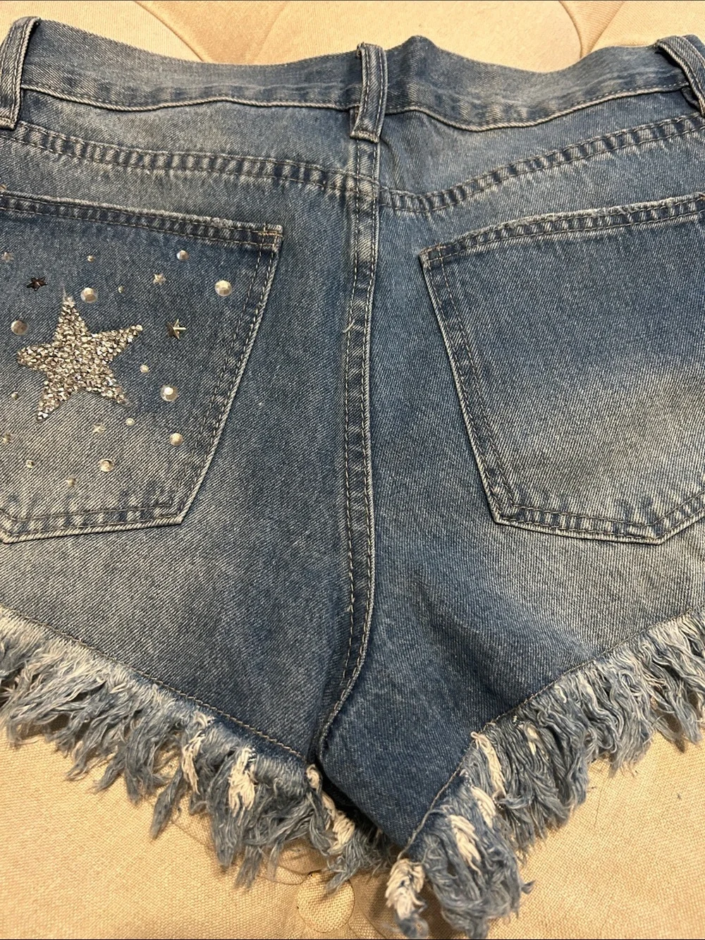 Fashion Nova Dark Blue Denim Star Studded Frayed Hem Shorts